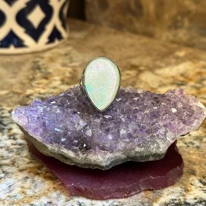 Silver Teardrop White Simulated Opal Ring